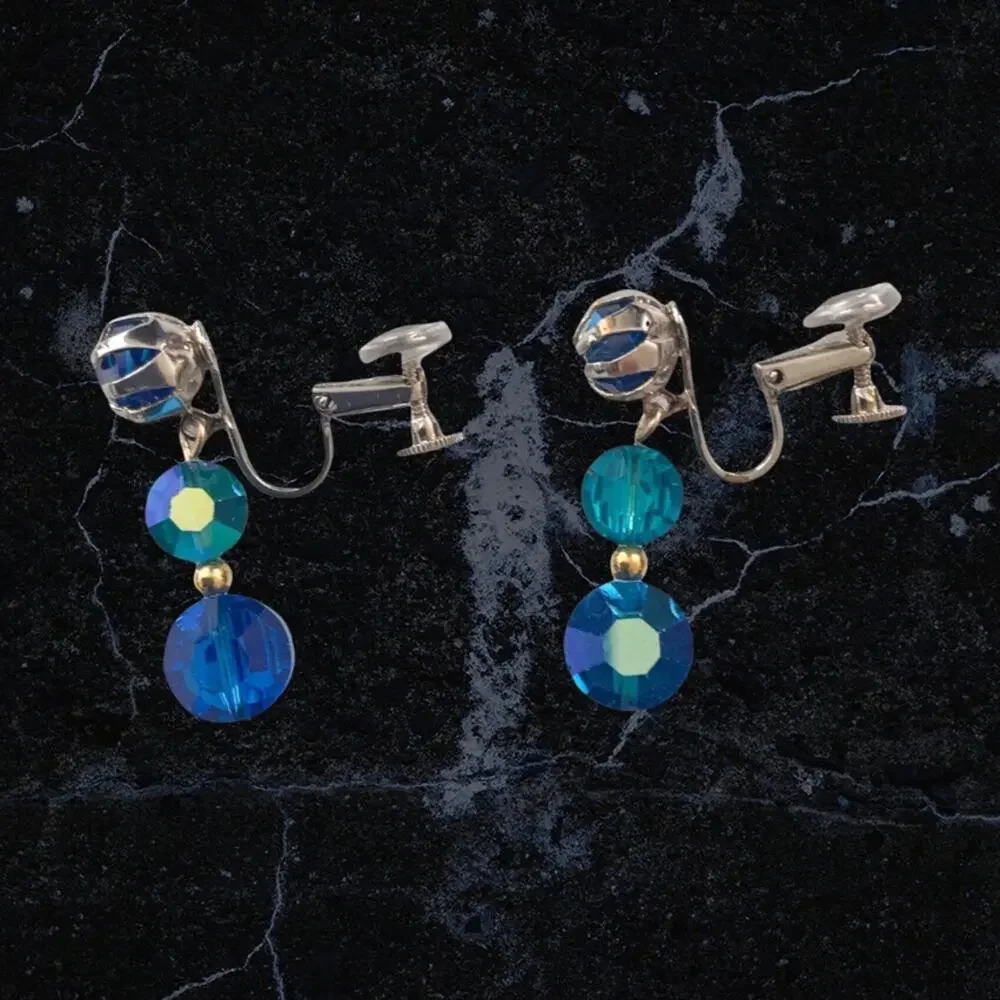 Vintage Earrings Blue Aurora Borealis Crystals Screw Back Dangle Earrings - Picture 4 of 6